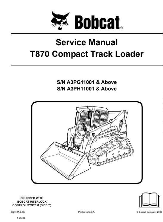 Service repair manual for Bobcat T870 Compact Track Loader, detailing maintenance and troubleshooting procedures