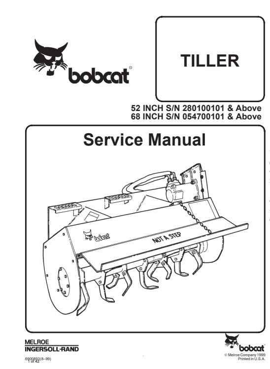 Service repair manual for Bobcat 52-inch and 68-inch tillers, detailing maintenance and troubleshooting procedures