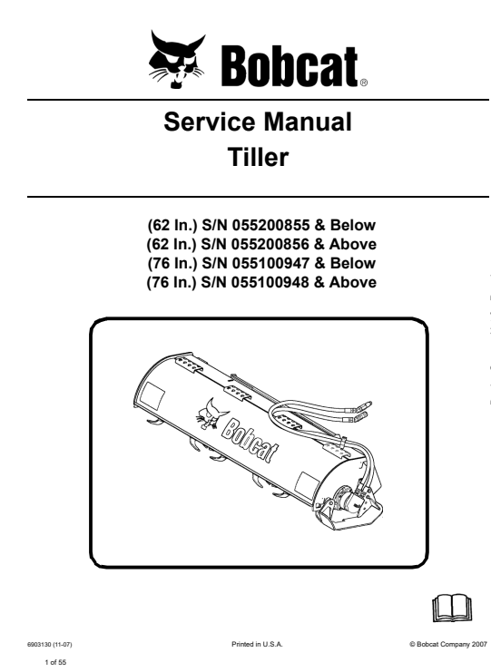Service repair manual for Bobcat 62-inch and 76-inch tillers, detailing maintenance and troubleshooting procedures
