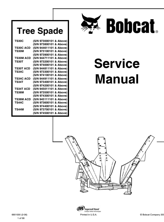 Repair manual for Bobcat Tree Spade Service, detailing maintenance and troubleshooting procedures for optimal performance
