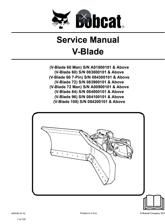 Service repair manual for Bobcat V-Blade, detailing maintenance and troubleshooting procedures for optimal performance