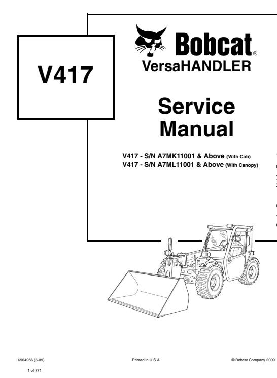 Comprehensive service repair manual for the Bobcat V417 VersaHandler, covering essential maintenance guidelines
