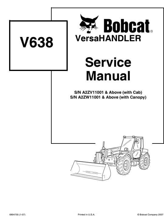 Detailed service repair manual for the Bobcat V638 VersaHandler, including troubleshooting and maintenance procedures